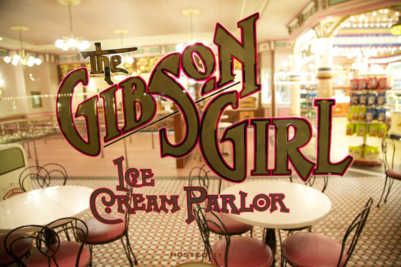 The Gibson Girl Ice Cream Parlor window sign on Main Street