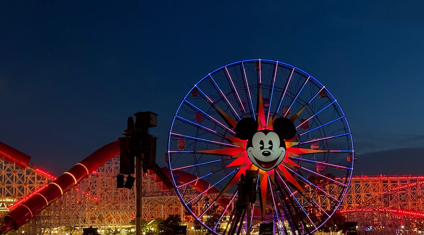 The Ferris wheel and roller coaster lit in red and blue above the water at night