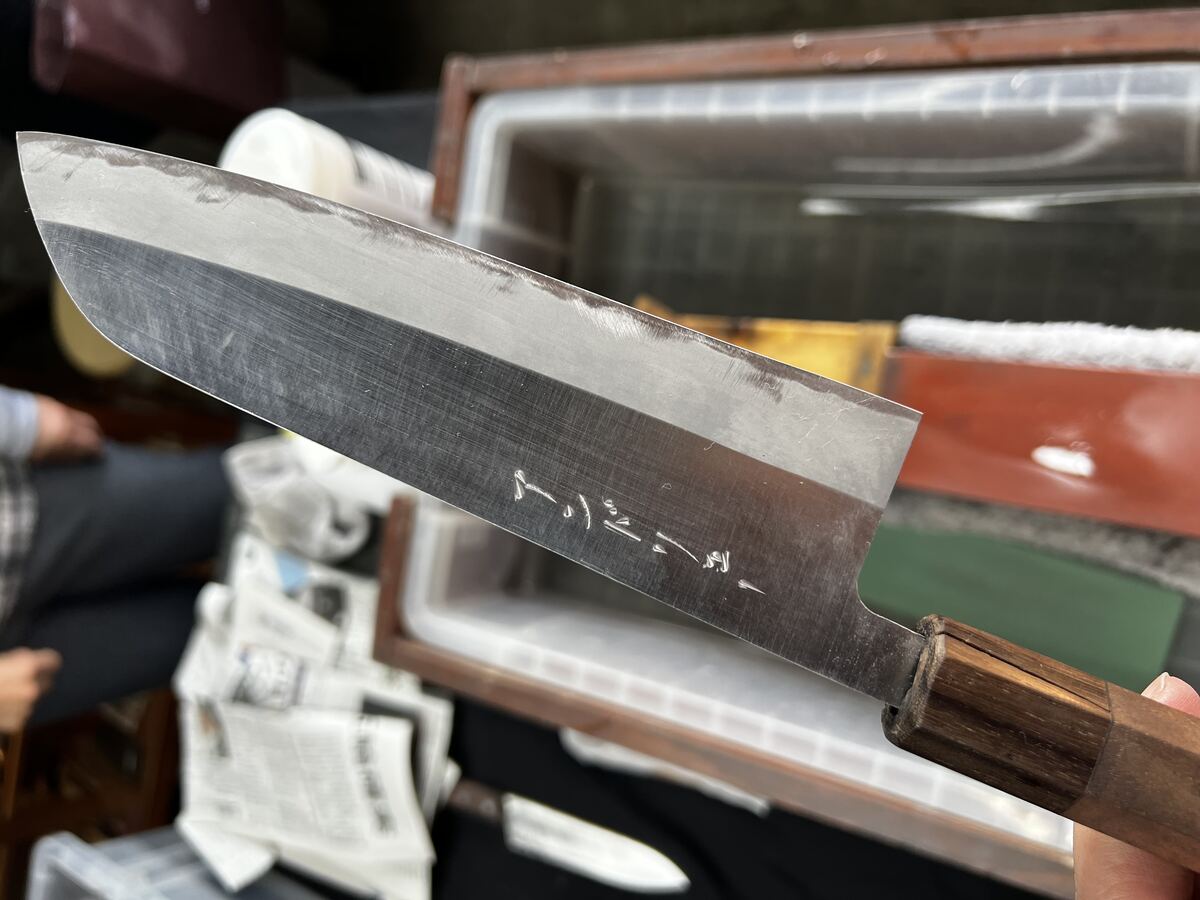 Close-up of a hand-forged Japanese knife blade