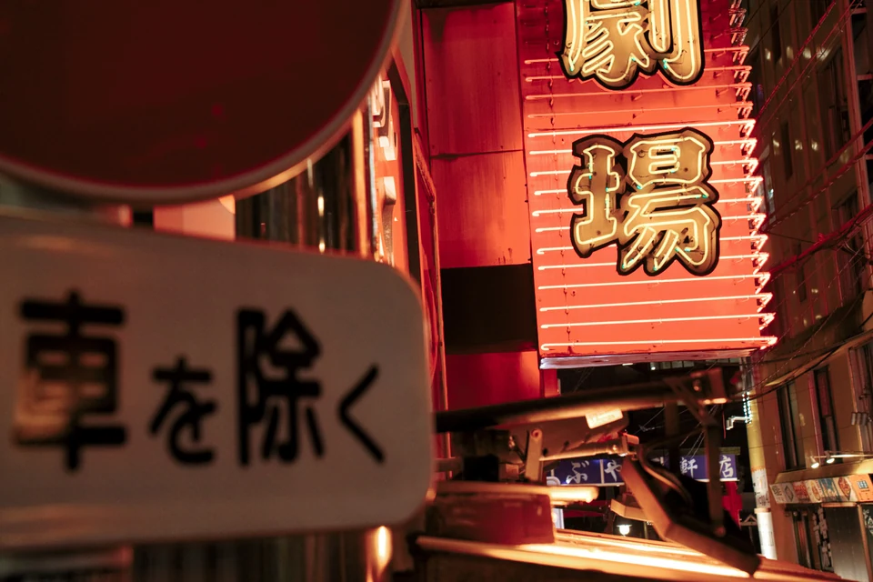 Illuminated Japanese signs along a Tokyo street at night