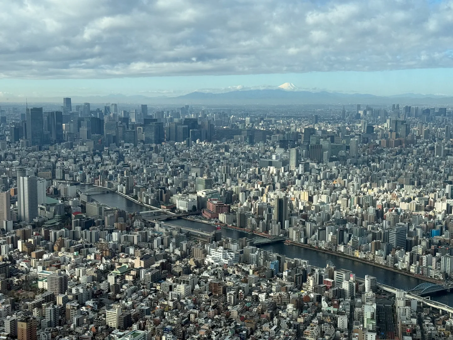 Tokyo skyline and the Sumida River with Mount Fuji in the distance